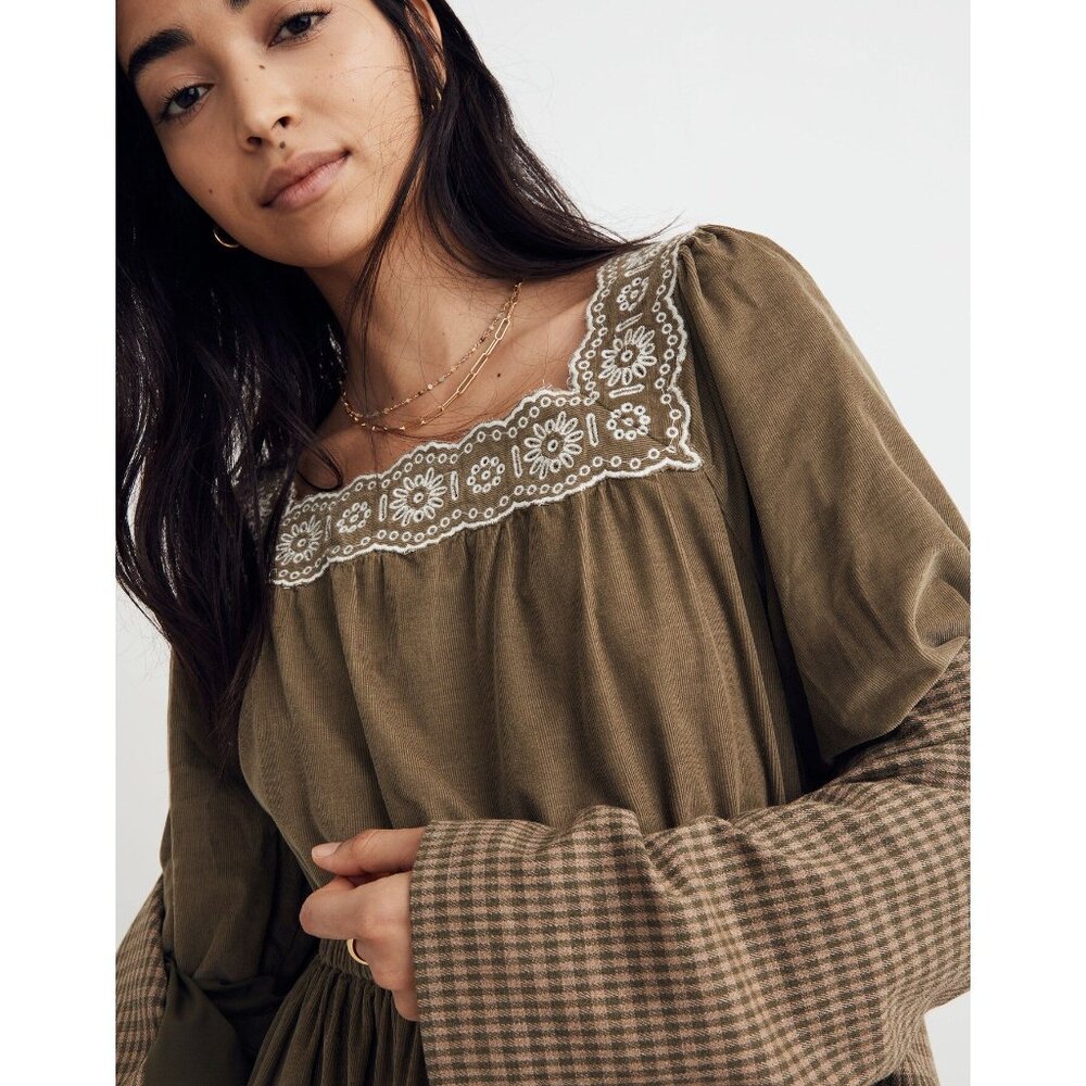 MADEWELL Embroidered Corduroy Square-Neck Mini Dress Olive Green sz M Women's - Picture 4 of 10